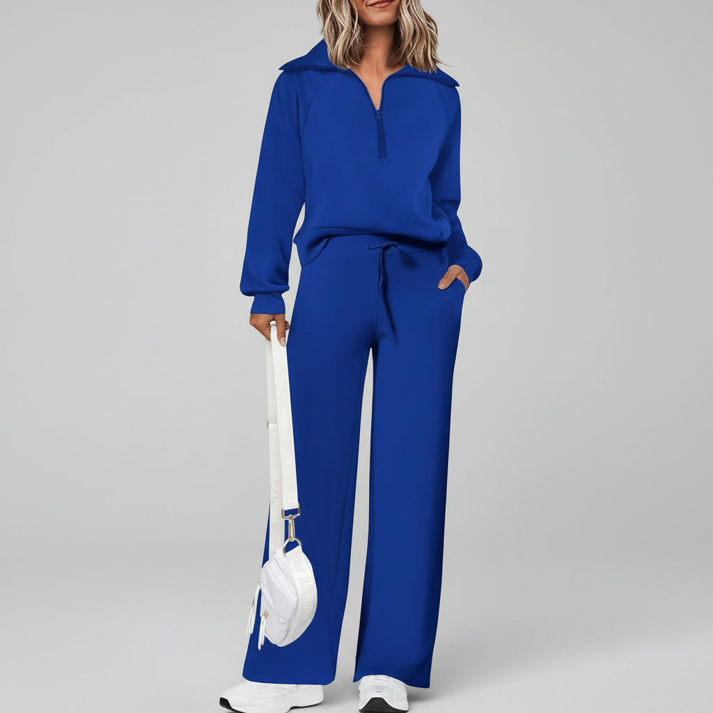 Conjunto Casual para Senhora com Sweatshirt de Meio Fecho e Calças Palazzo