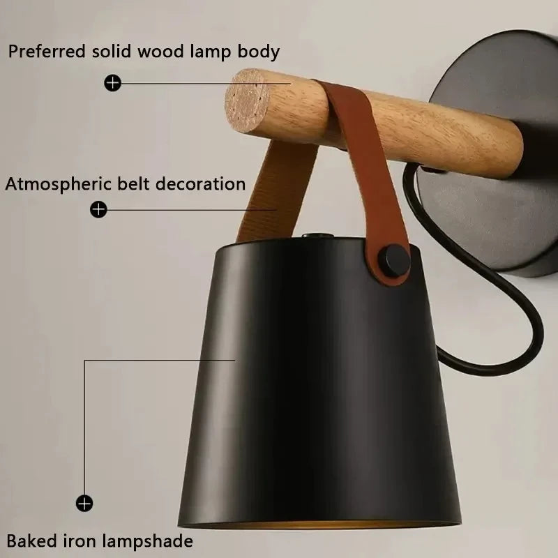 NordicGlow - LED Wall Lamp with Wooden Details and Leather Strap