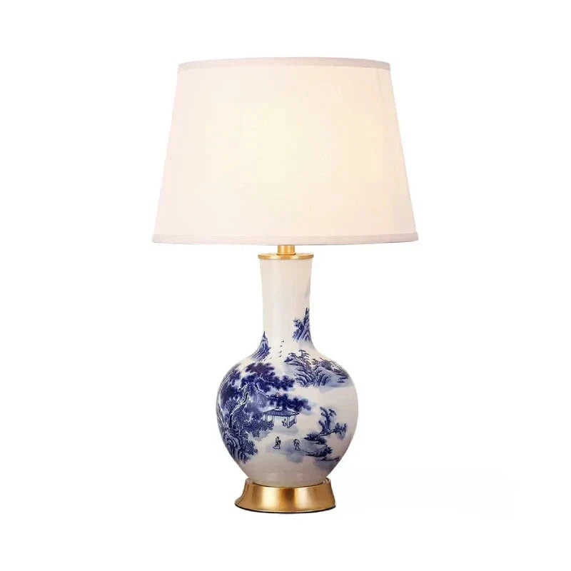LumiChinois - Ceramic Table Lamp in Chinoiserie Style with Fabric Lampshade