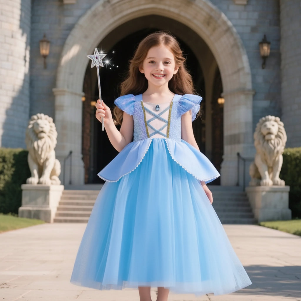 Fato de Halloween Princesa Menina Azul Tule Elegante