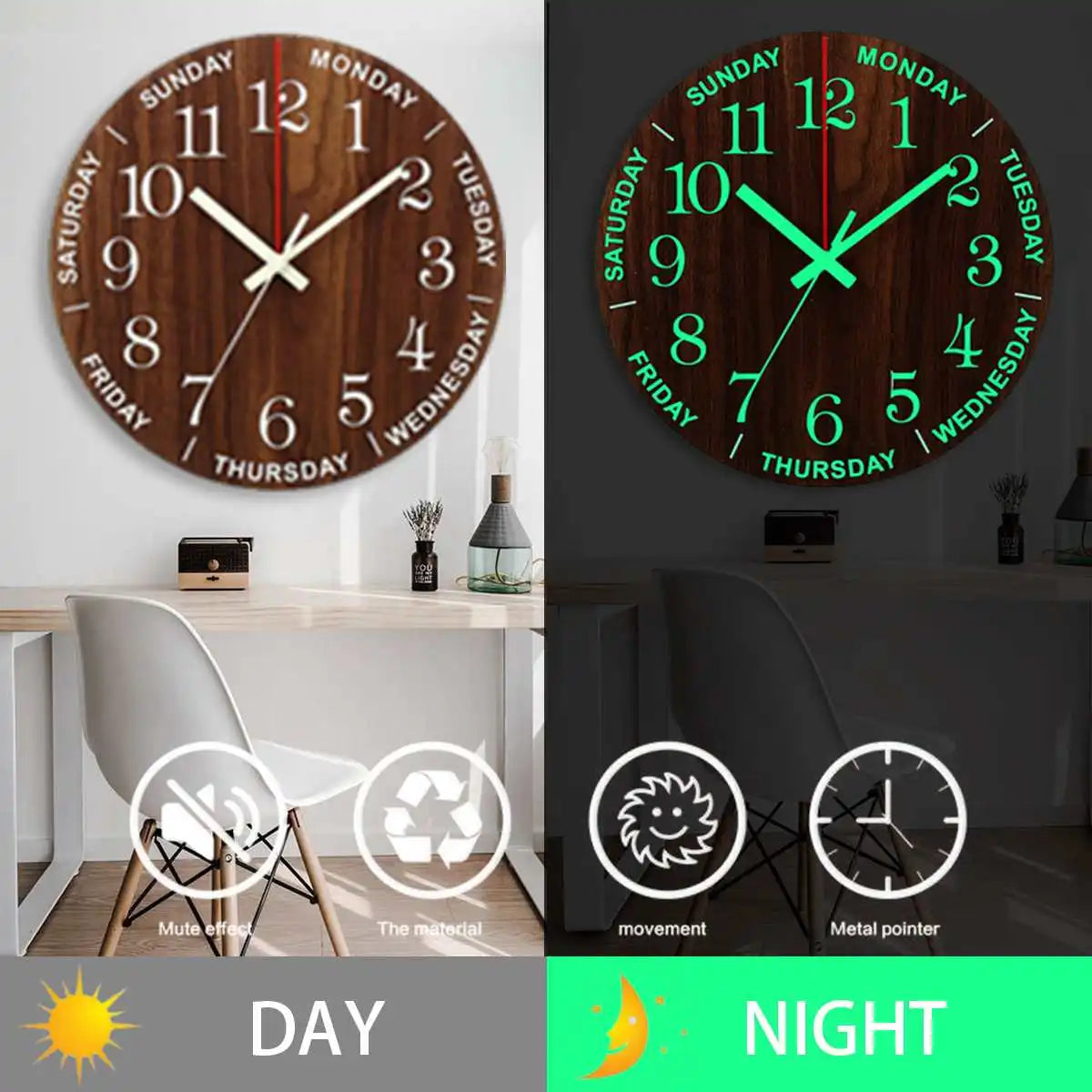 GlowClock - Stille Houten Wandklok met Nachtlicht