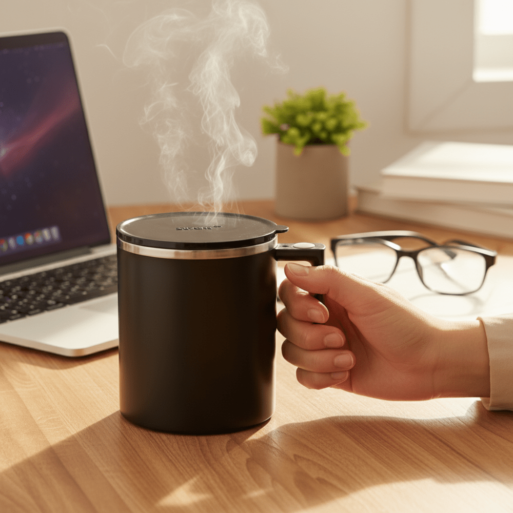 Self Stirring Coffee Mug Stainless Steel Mixing Cup Lid 360 ml