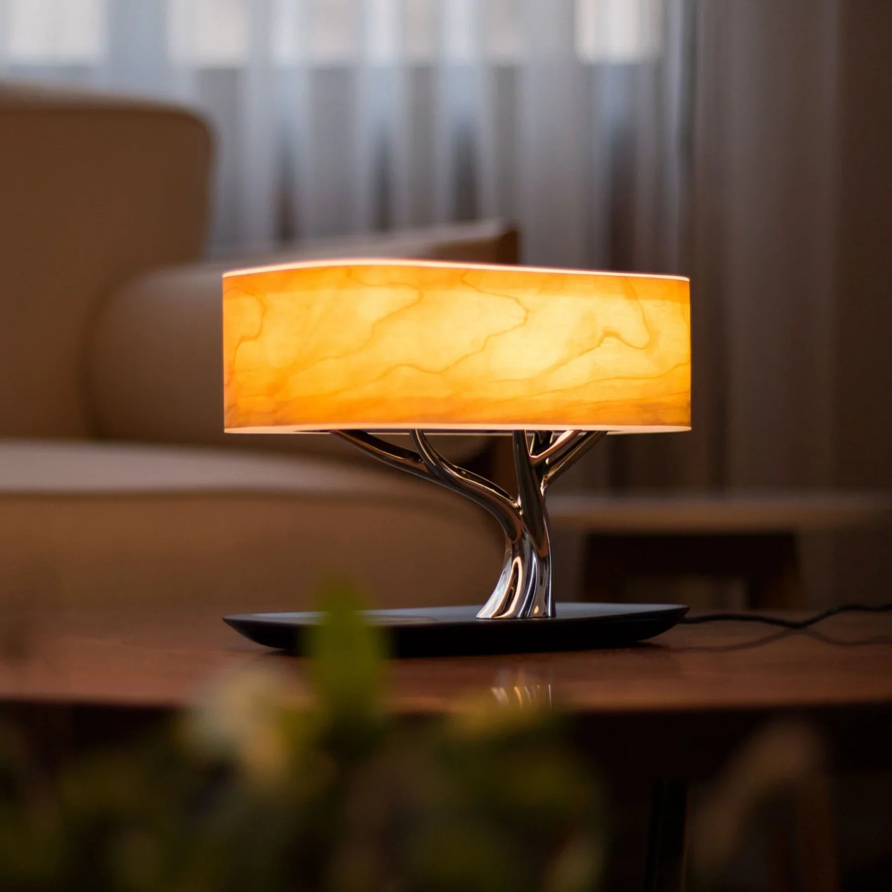 Table lamp with speaker and wireless charger