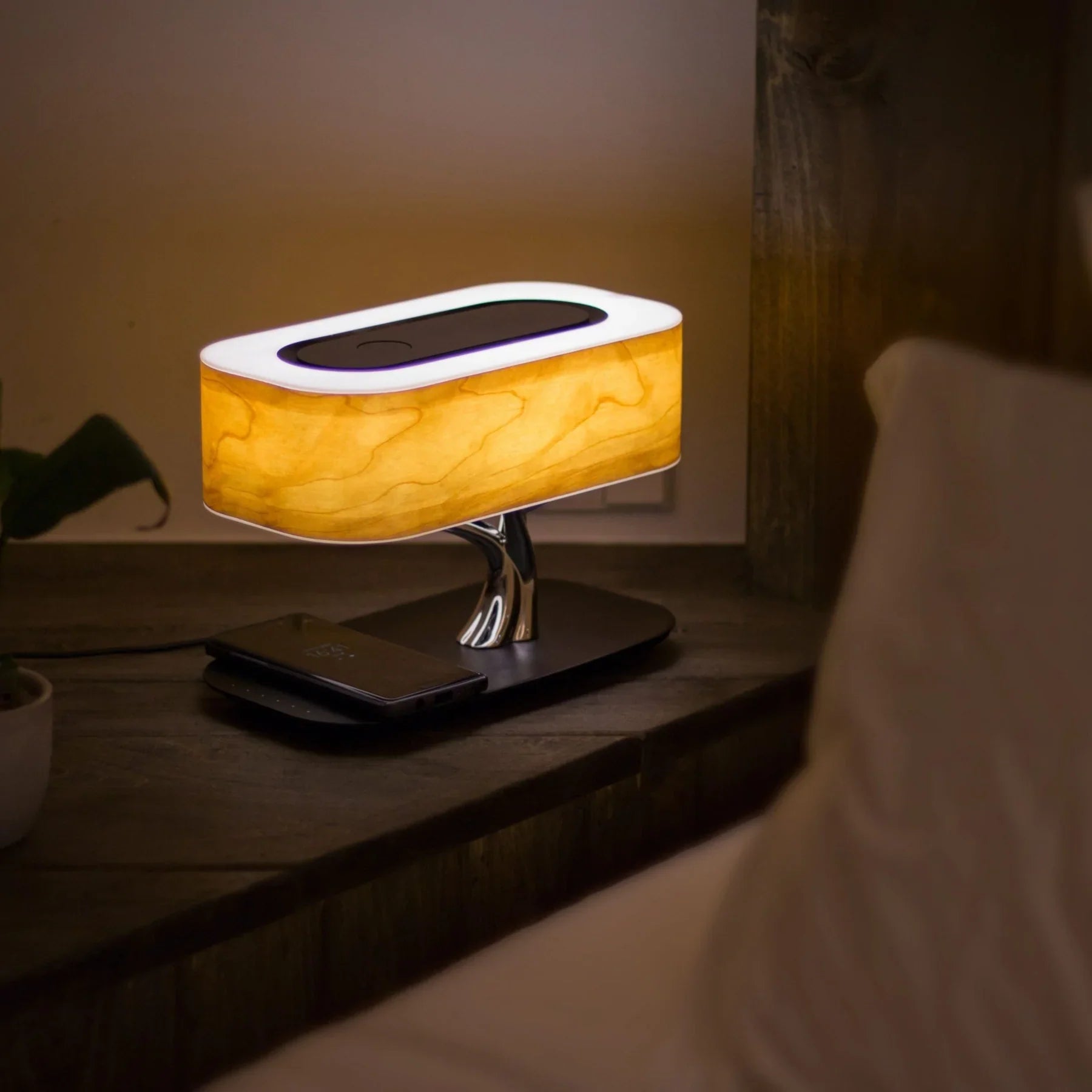 Table lamp with speaker and wireless charger