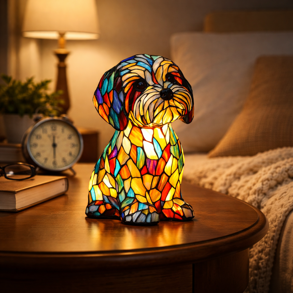 Candeeiro de Mesa Cão Lâmpada Noturna LED Mosaico Estilo Vidro Decoração