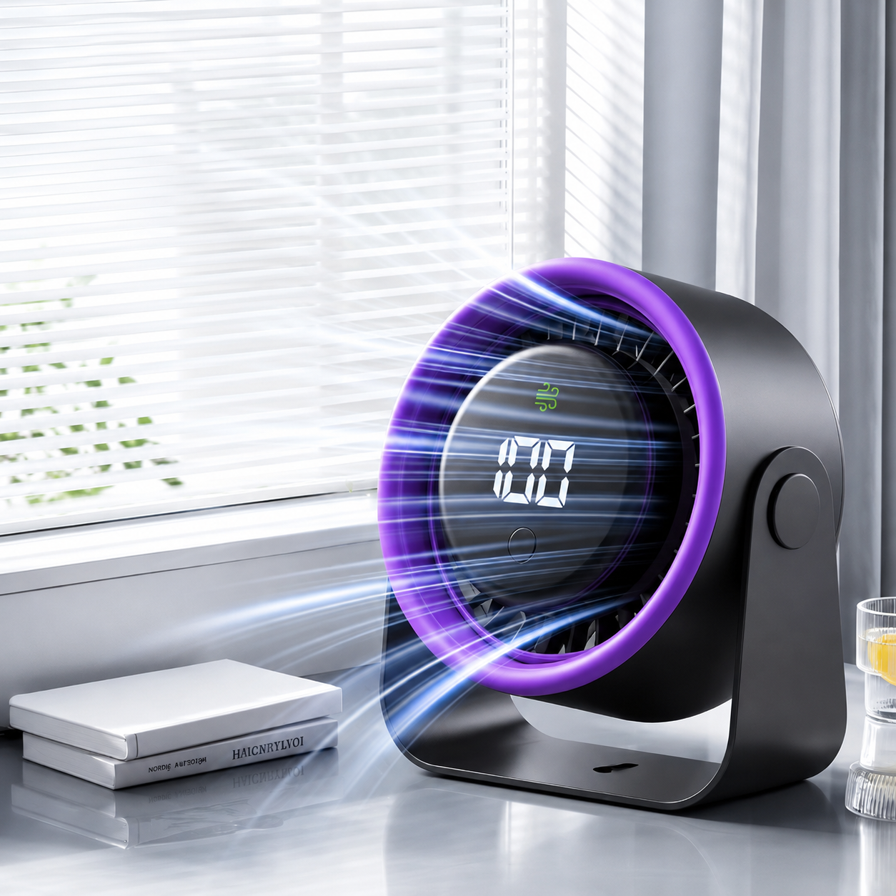 Ventilador de Mesa Recarregável USB com Ecrã Digital