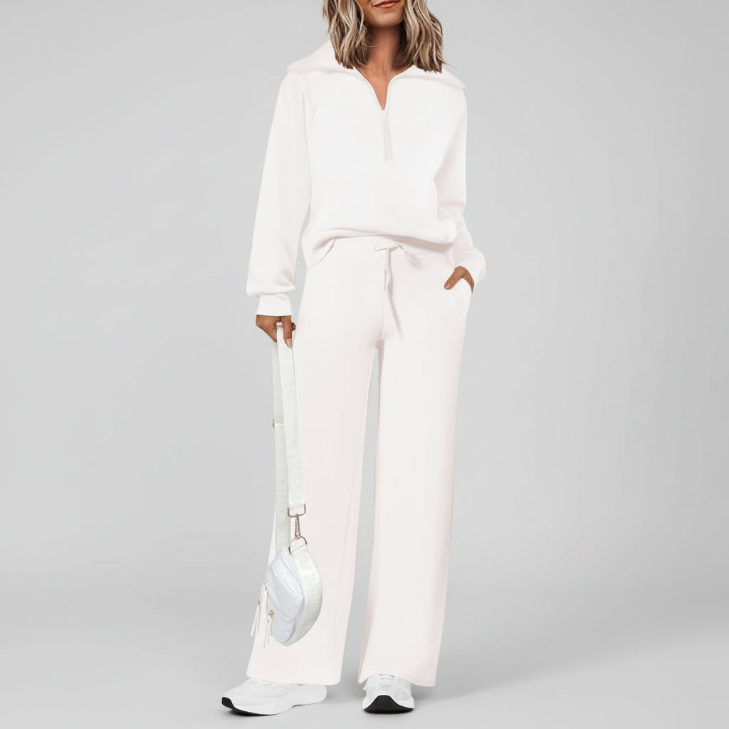 Conjunto Casual para Senhora com Sweatshirt de Meio Fecho e Calças Palazzo