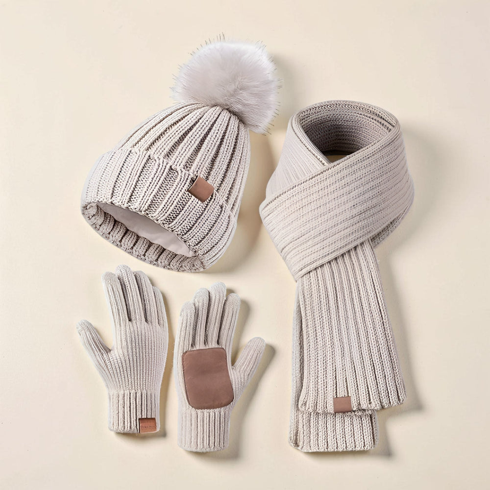 Conjunto de Inverno para Senhora: Gorro, Cachecol, Luvas com Ecrã Tátil Quentes