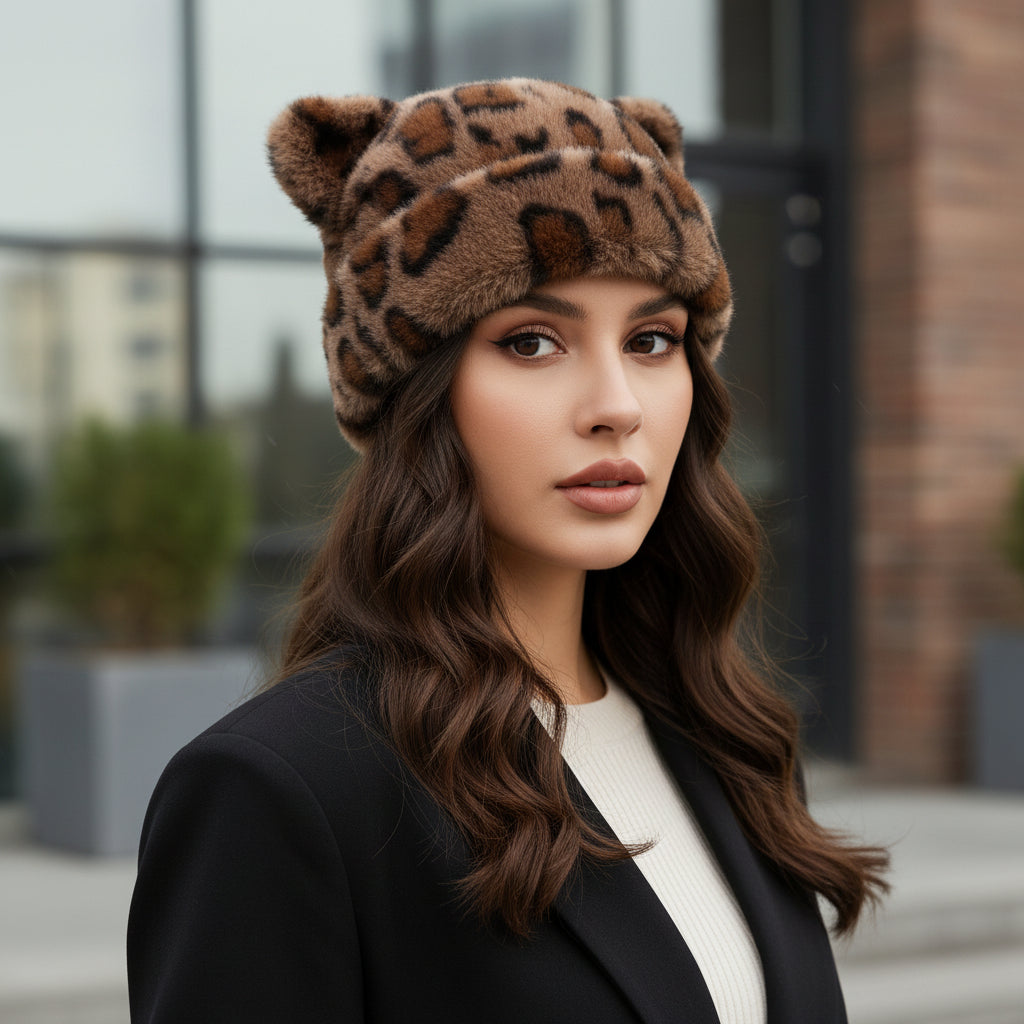 Winter Hat Women Plush Leopard Print Vintage Style