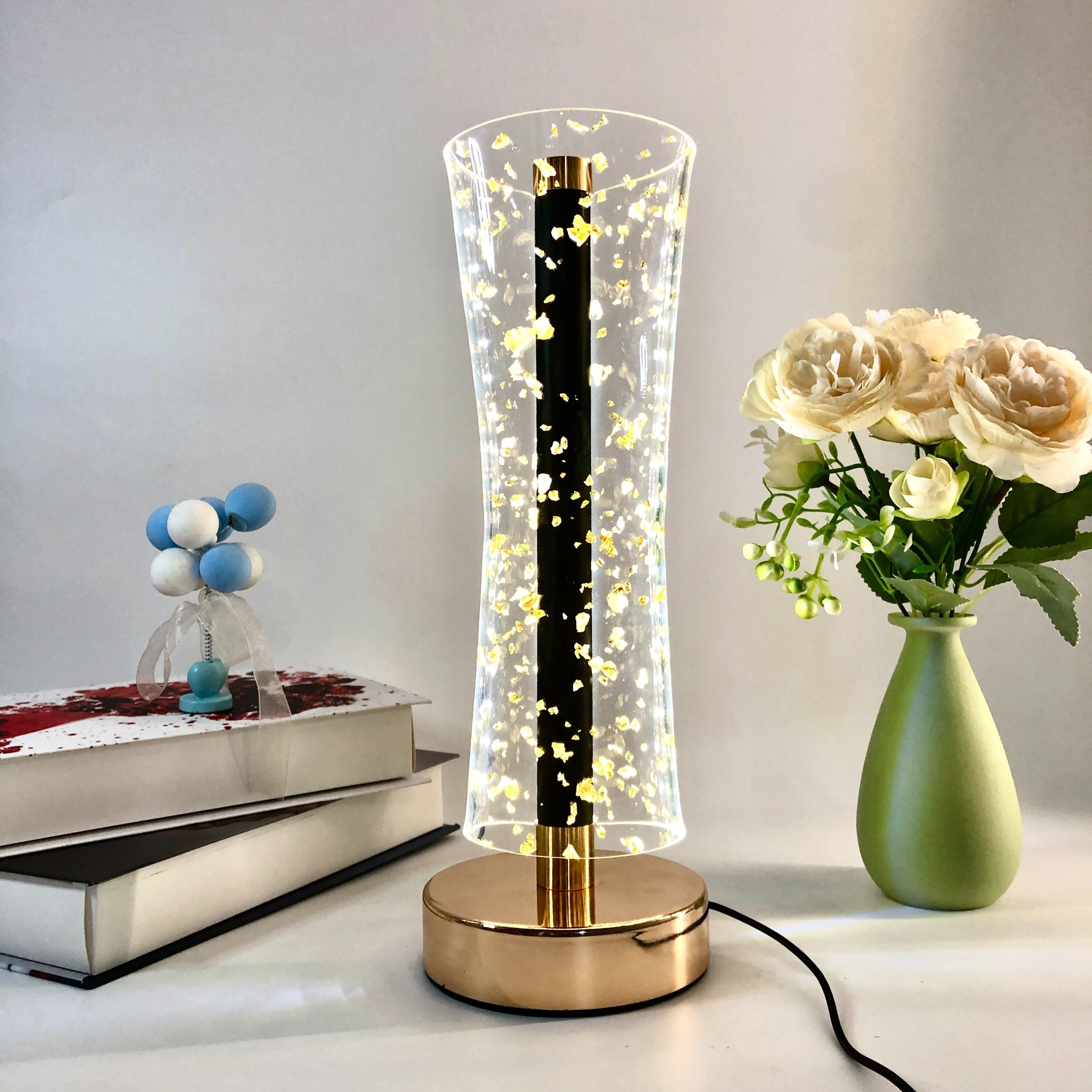 LumiAcryl - Modern Acrylic Table Lamp with Gold Foil and 3-Color Dimmable Lighting, USB-Powered