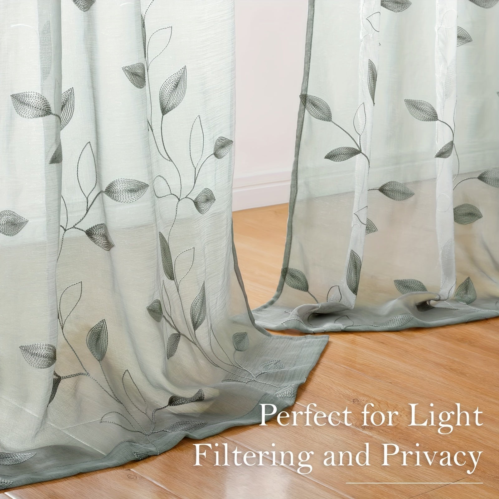 Embroidered Curtains with Leaves - 2 Pieces Semi-transparent for Bedroom and Living Room