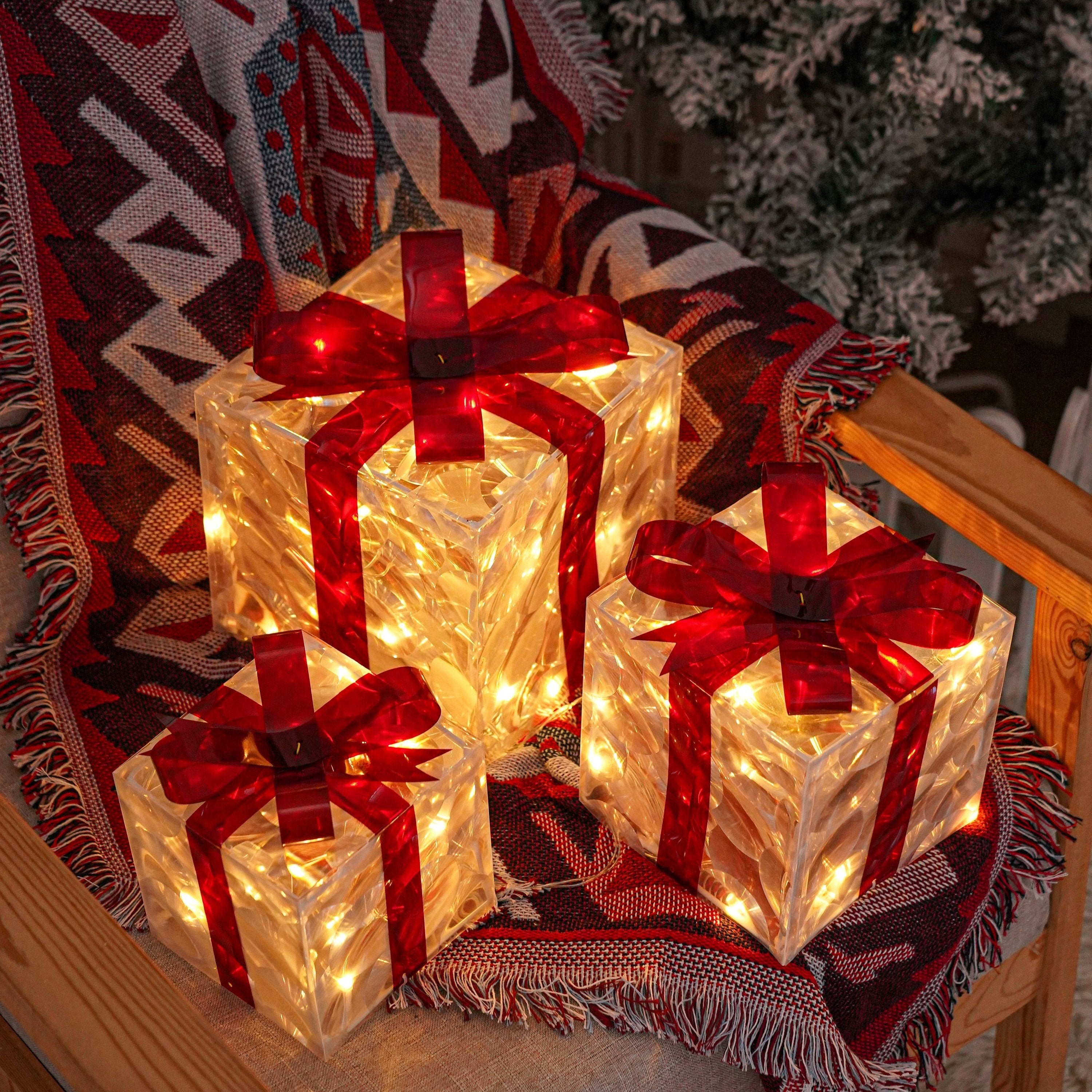 CadeauLicht - Set of 3 Lighted Christmas Gift Boxes with Red Bow