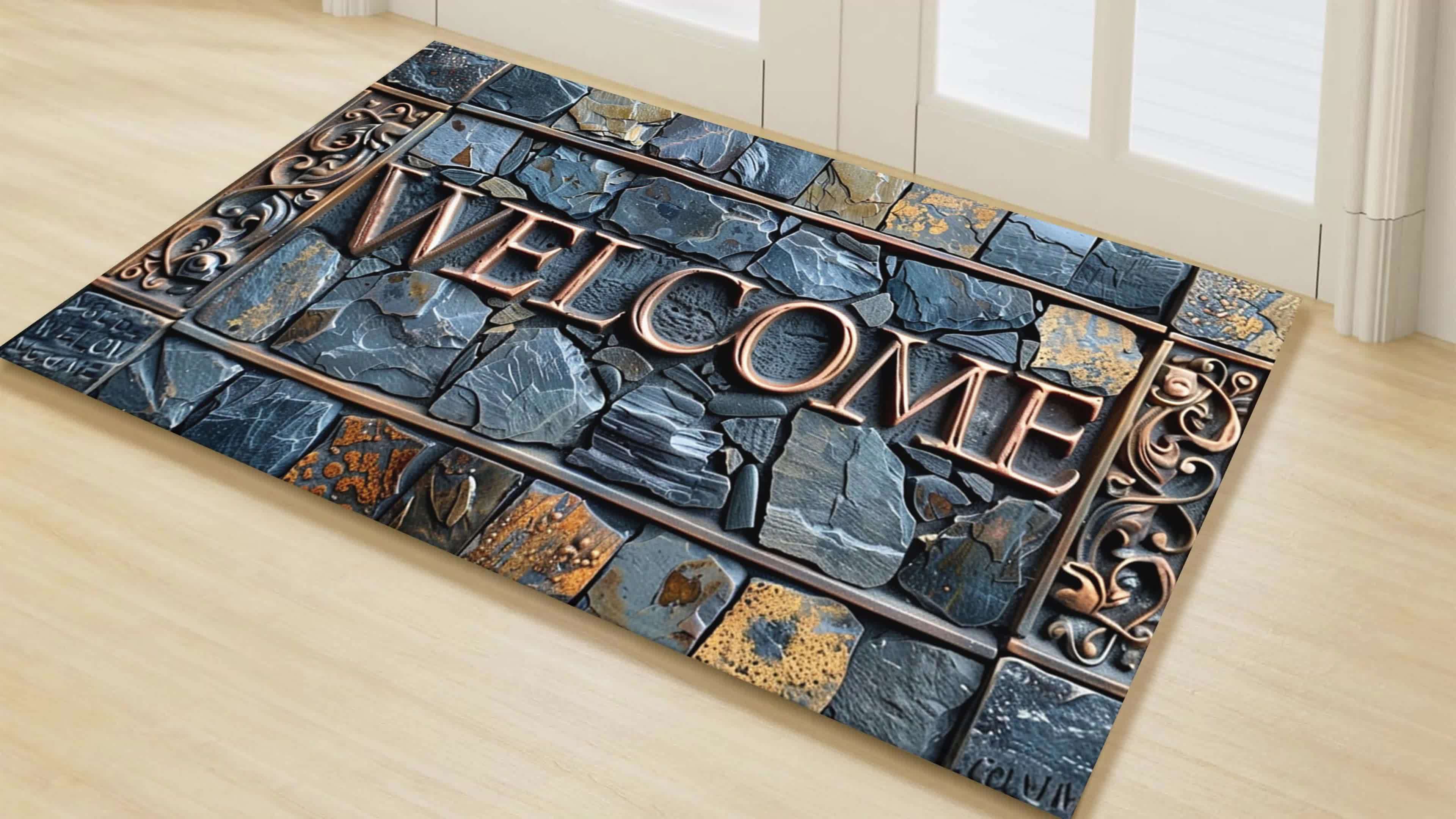 Welcome 3D Tappeto di Pietra – Antiscivolo, Impermeabile e Lavabile – Per Interni ed Esterni