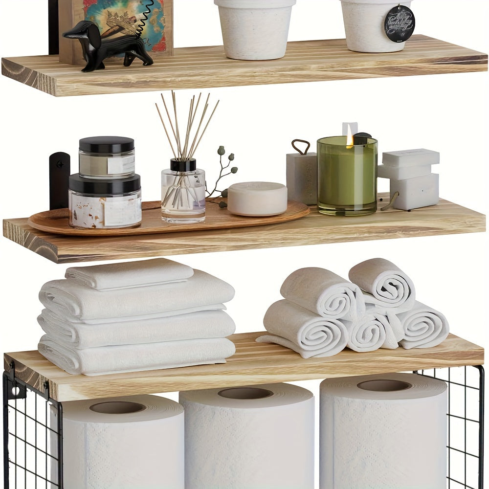 RusticWood - Wooden Floating Wall Shelf Set with Storage Basket