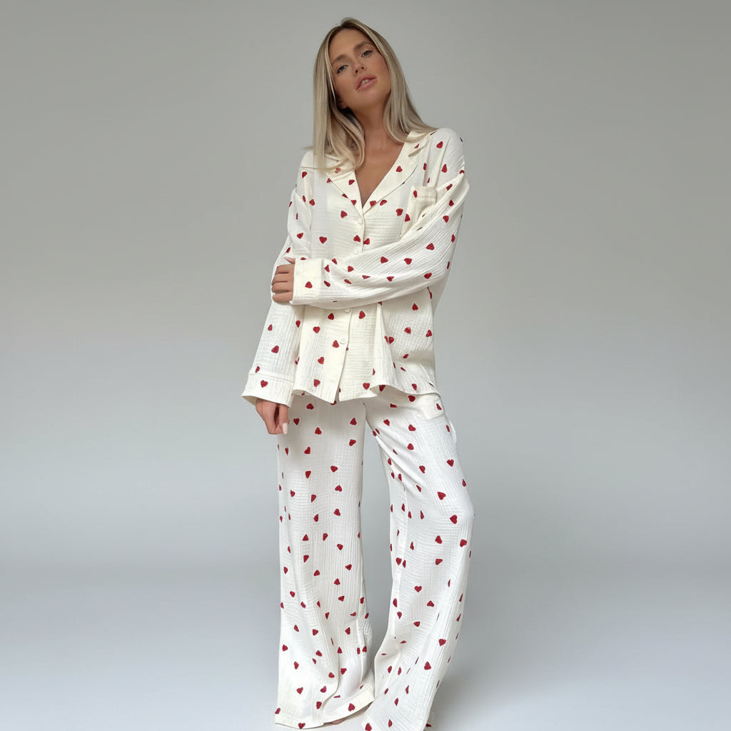 Pyjama Dames Katoen Hartmotief Zachte Loungewear Set