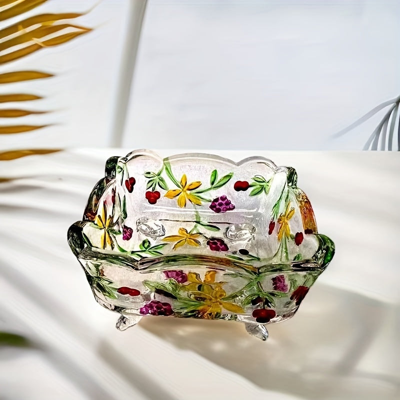 Taça de Vidro - Fruteira de Vidro Feita à Mão com Desenho de Flores