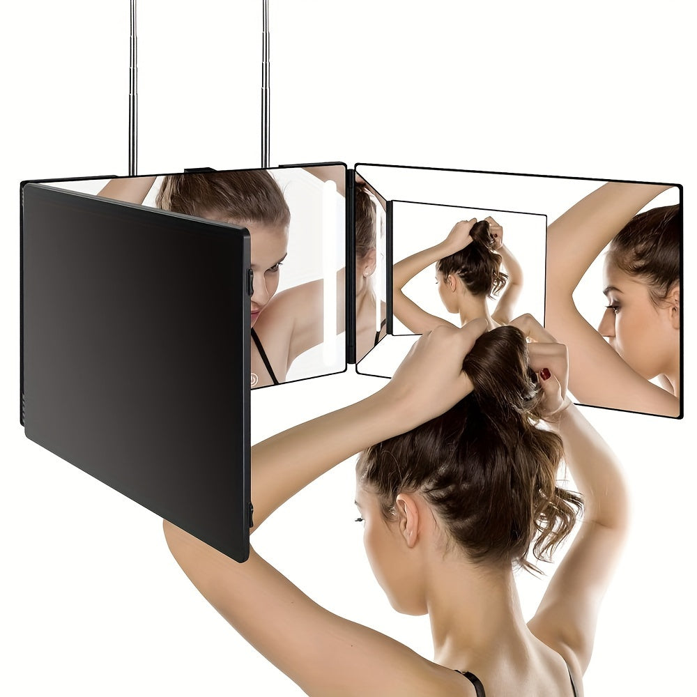 Specchio a 3 lati per tagliare i capelli – Specchio per trucco a 360° con LED e altezza regolabile, portatile per viaggi
