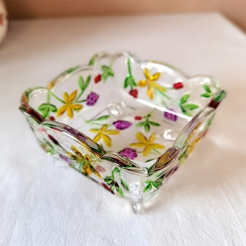 Taça de Vidro - Fruteira de Vidro Feita à Mão com Desenho de Flores