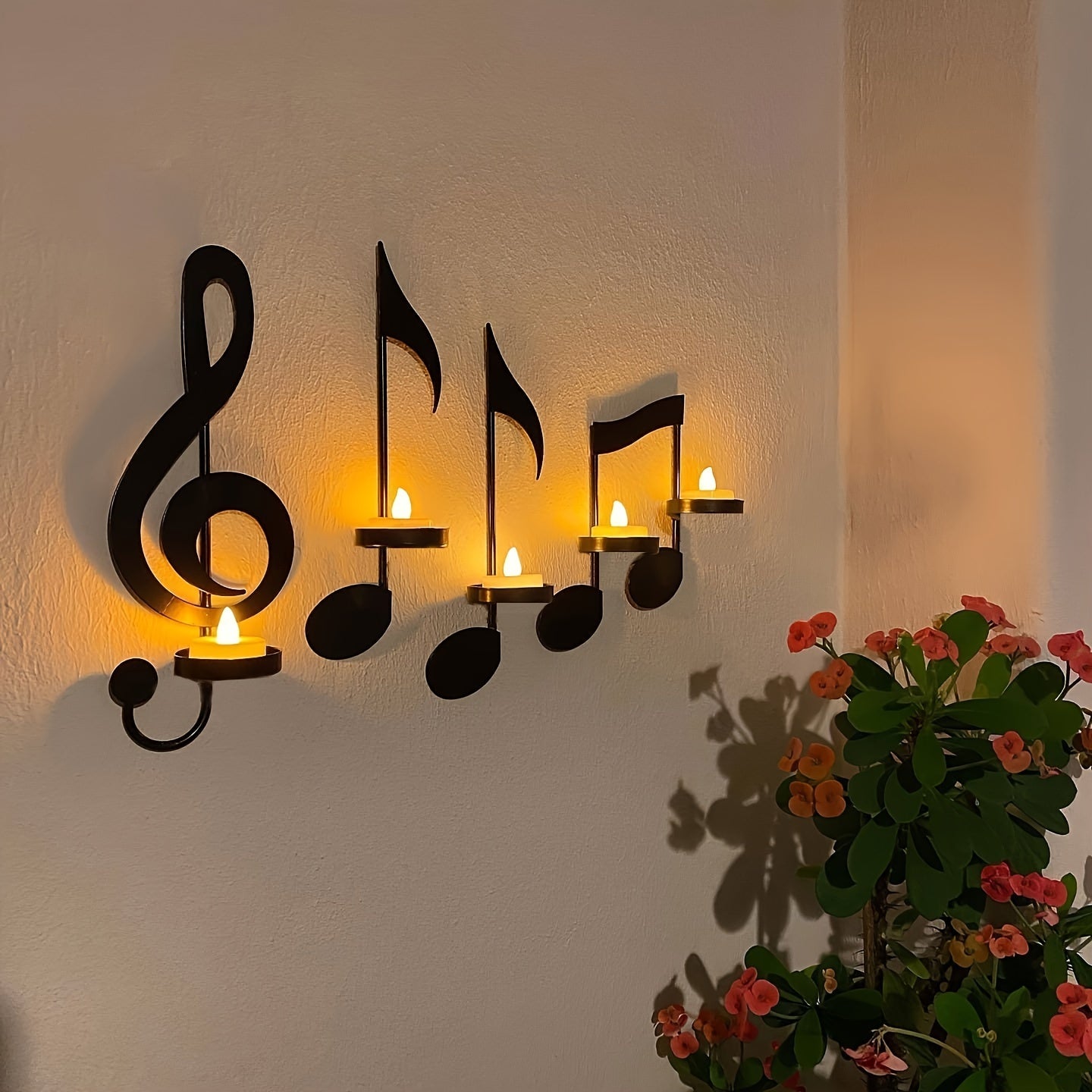 Conjunto de Castiçais de Parede com Notas Musicais - Decoração de Parede Metálica para Suportes Criativos de Velas