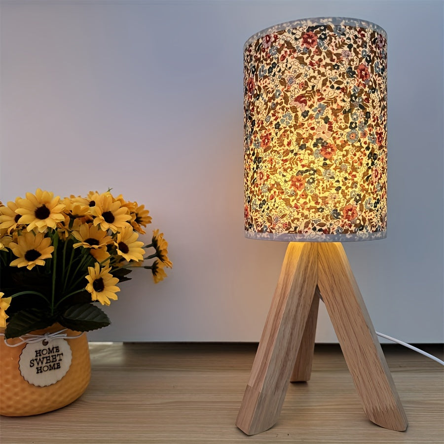 HoutLicht - Modern Wooden Table Lamp with Fabric Shade, USB Powered, Push-Button LED Night Light