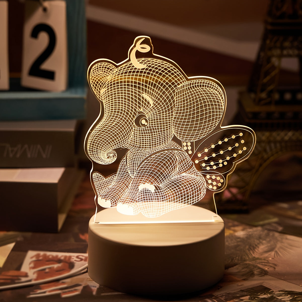 AngelElephant - 3D Illusion LED Night Lamp, USB Powered Table Lamp