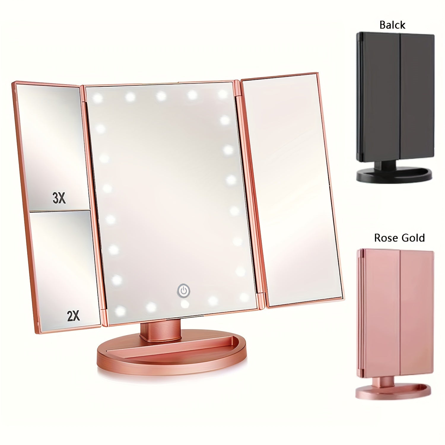 Tri-fold Verlichte Make-up Spiegel met 3x/2x Vergroting, 21 LED's en Touchscreen – 180 Graden Draaibare Tafelspiegel voor Reizen