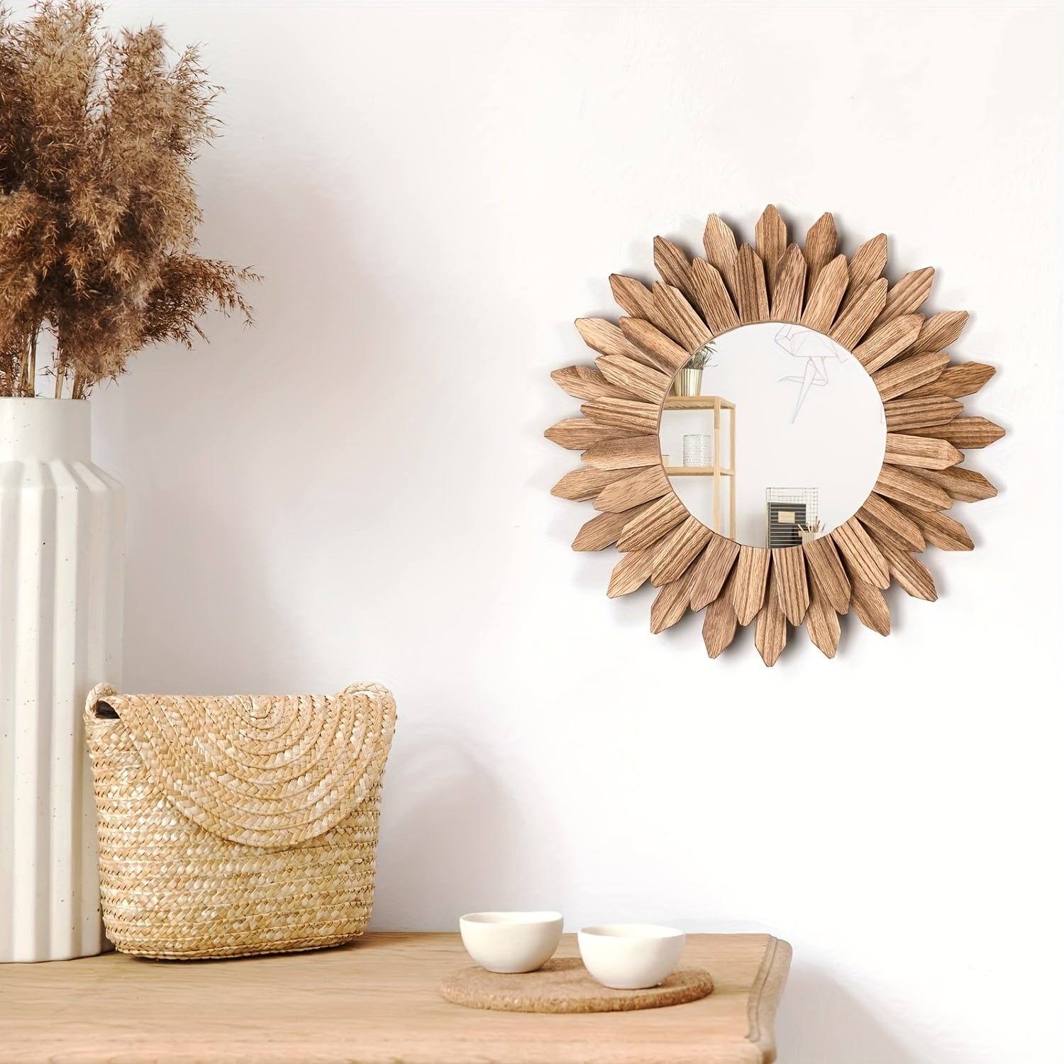 Specchio in legno con cornice a forma di fiore – Specchio decorativo da parete per soggiorno, camera da letto e bagno