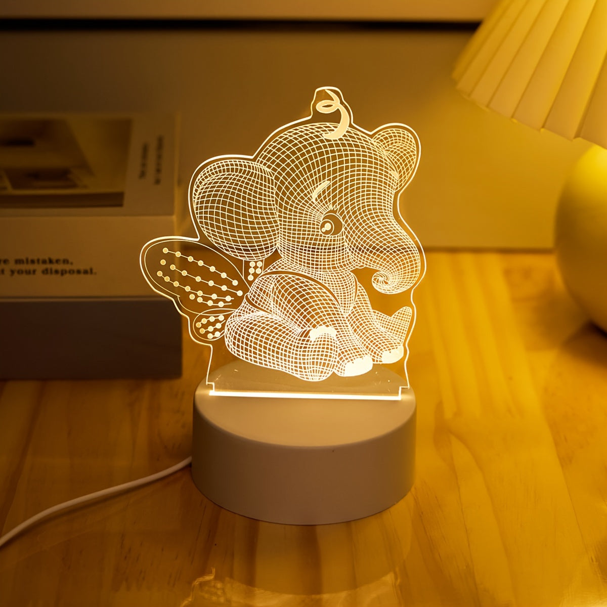 AngelElephant - 3D Illusion LED Night Lamp, USB Powered Table Lamp