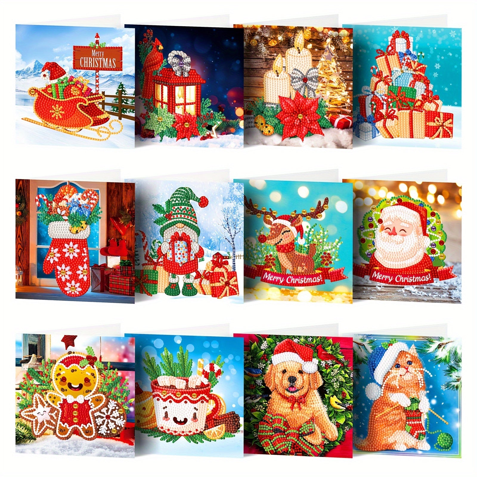 Set de 12 Tarjetas de Felicitación con Pintura de Diamantes - Mosaico Hecho a Mano para Navidad y Año Nuevo, Personalizable con Mensajes Cálidos