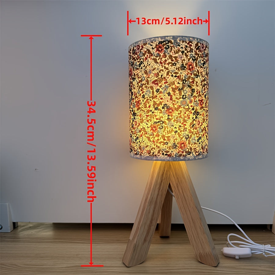 HoutLicht - Modern Wooden Table Lamp with Fabric Shade, USB Powered, Push-Button LED Night Light