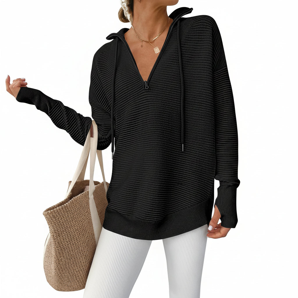 Womens Sweater Knitted Half Zip V Neck Ribbed Fabric Oversized