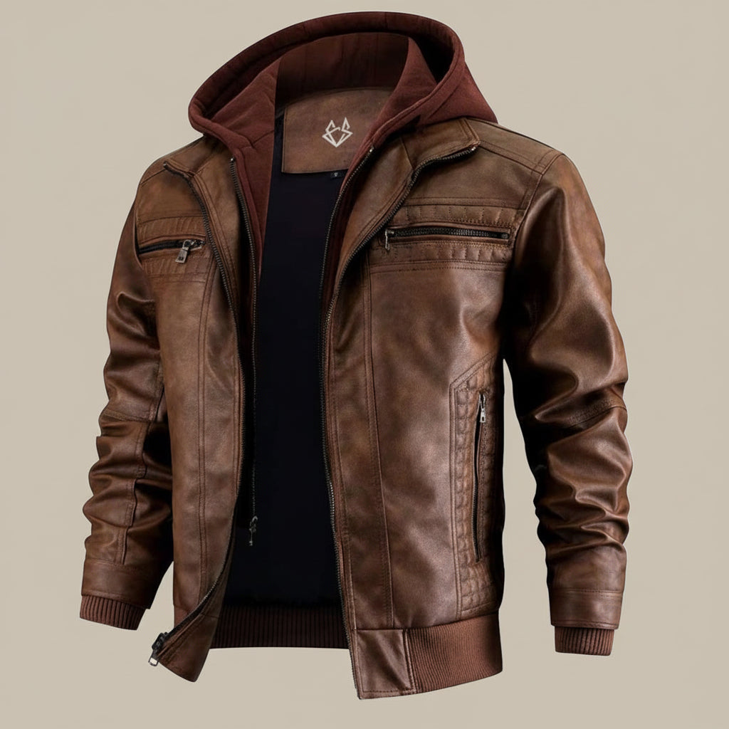Mens Leather Bomber Jacket Removable Hood Rugged Style