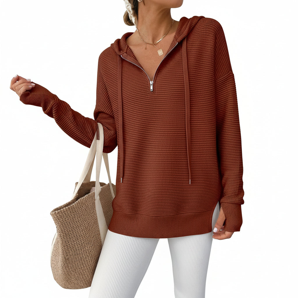 Womens Sweater Knitted Half Zip V Neck Ribbed Fabric Oversized