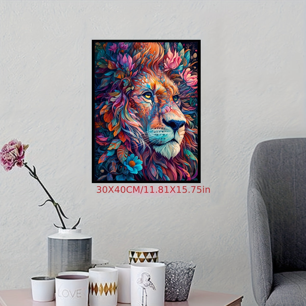 Pintura de diamantes León Flores - Bordado de diamantes de arte animal