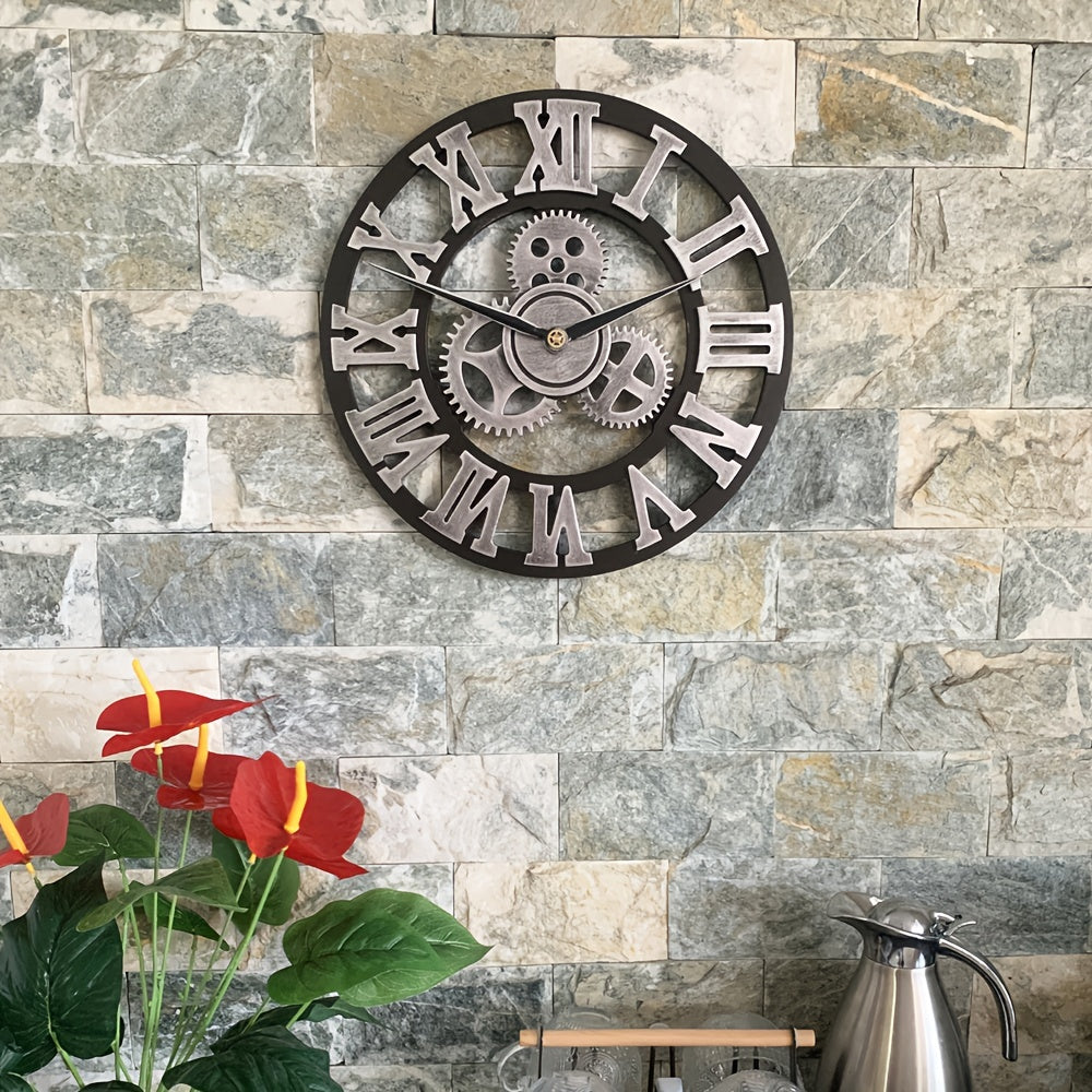 Oversized Silver-Colored Roman Gear Wall Clock - Silent Clock for Living Room, Office, and Kitchen Product Description