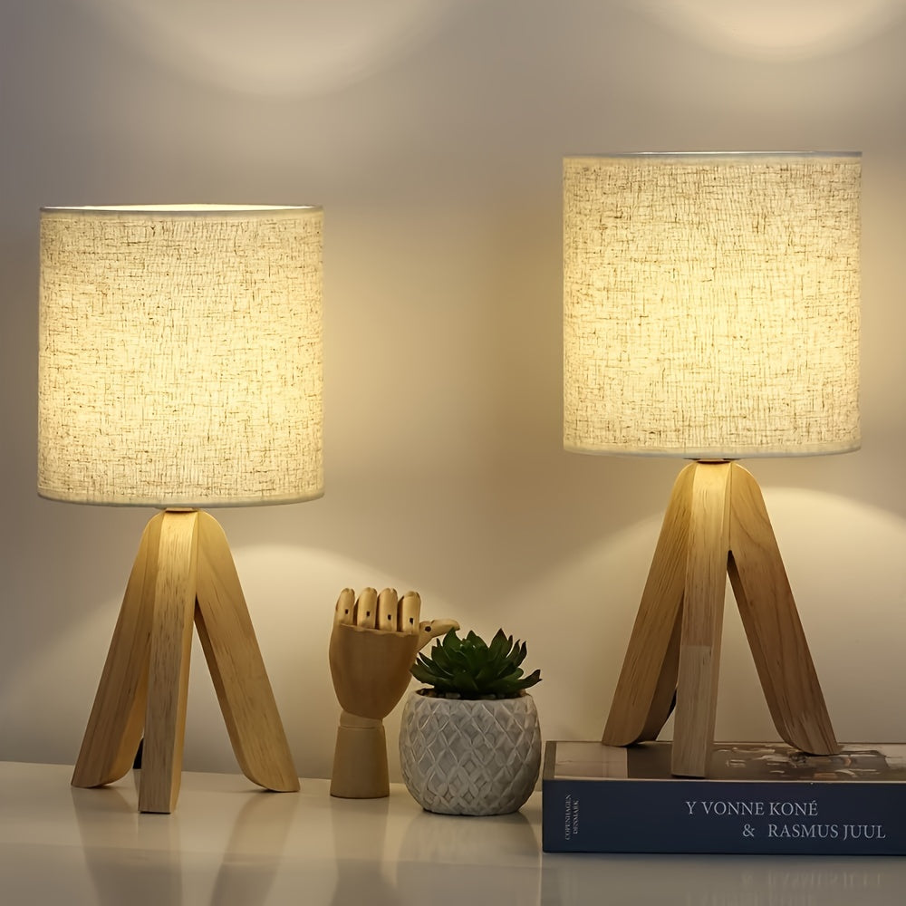 DriepootLicht - Lámpara de mesa de madera con pantalla de lino, 220V-240V, enchufe europeo