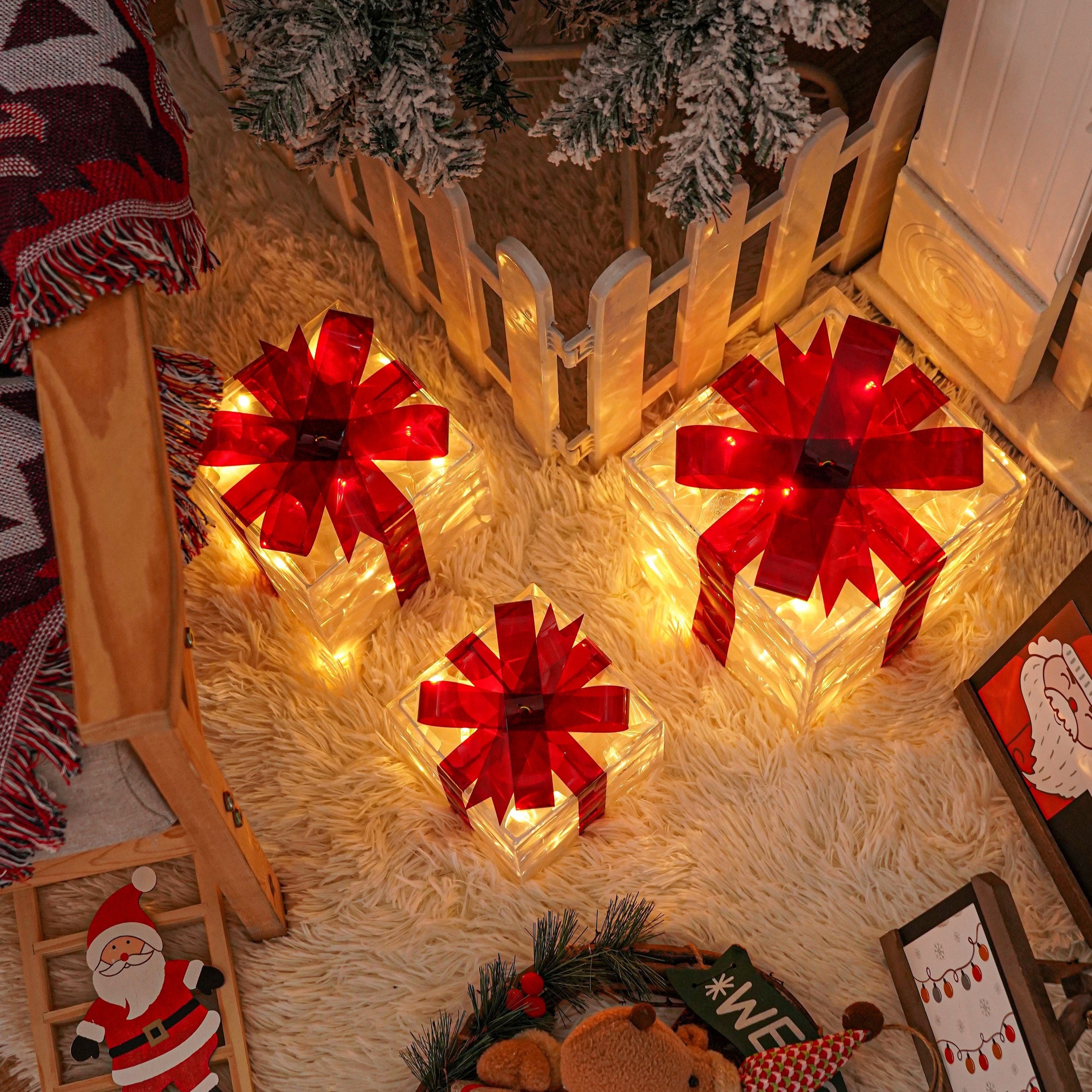 CadeauLicht - Set of 3 Lighted Christmas Gift Boxes with Red Bow