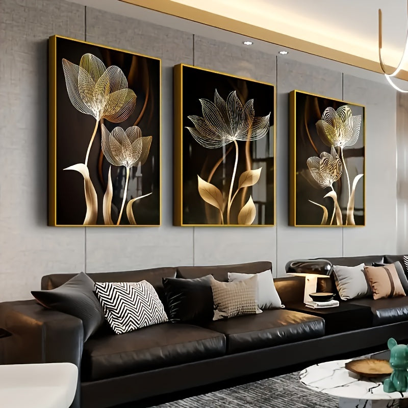 3-piece Luxury Canvas Posters - Golden Flower Artworks, Wall Decoration for Living Room, Bedroom, Office, Hall, and Kitchen, Without Frame