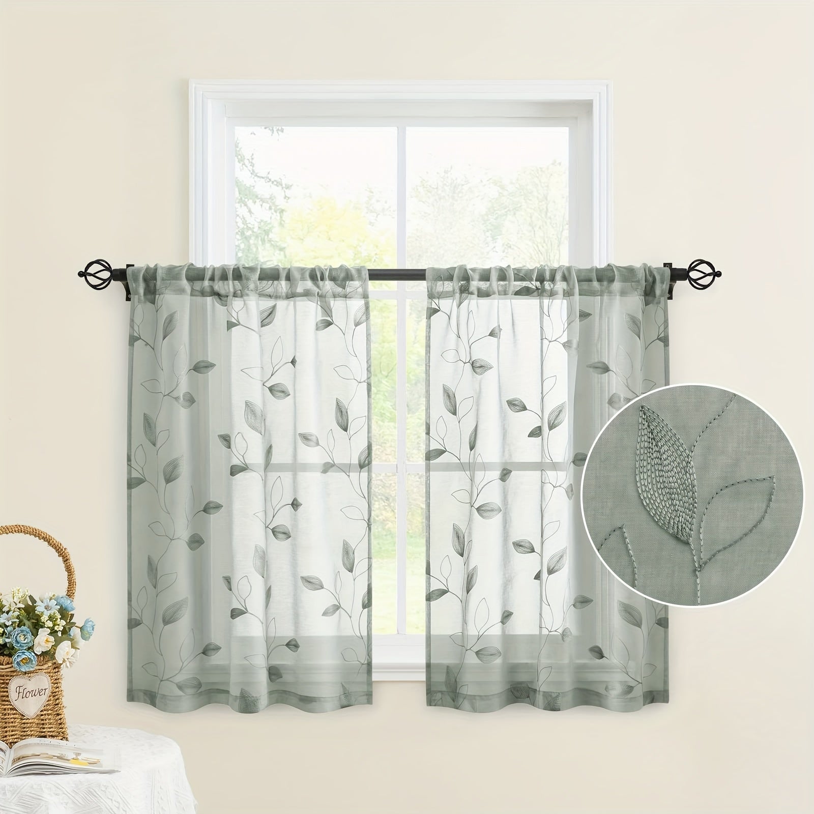 Embroidered Curtains with Leaves - 2 Pieces Semi-transparent for Bedroom and Living Room