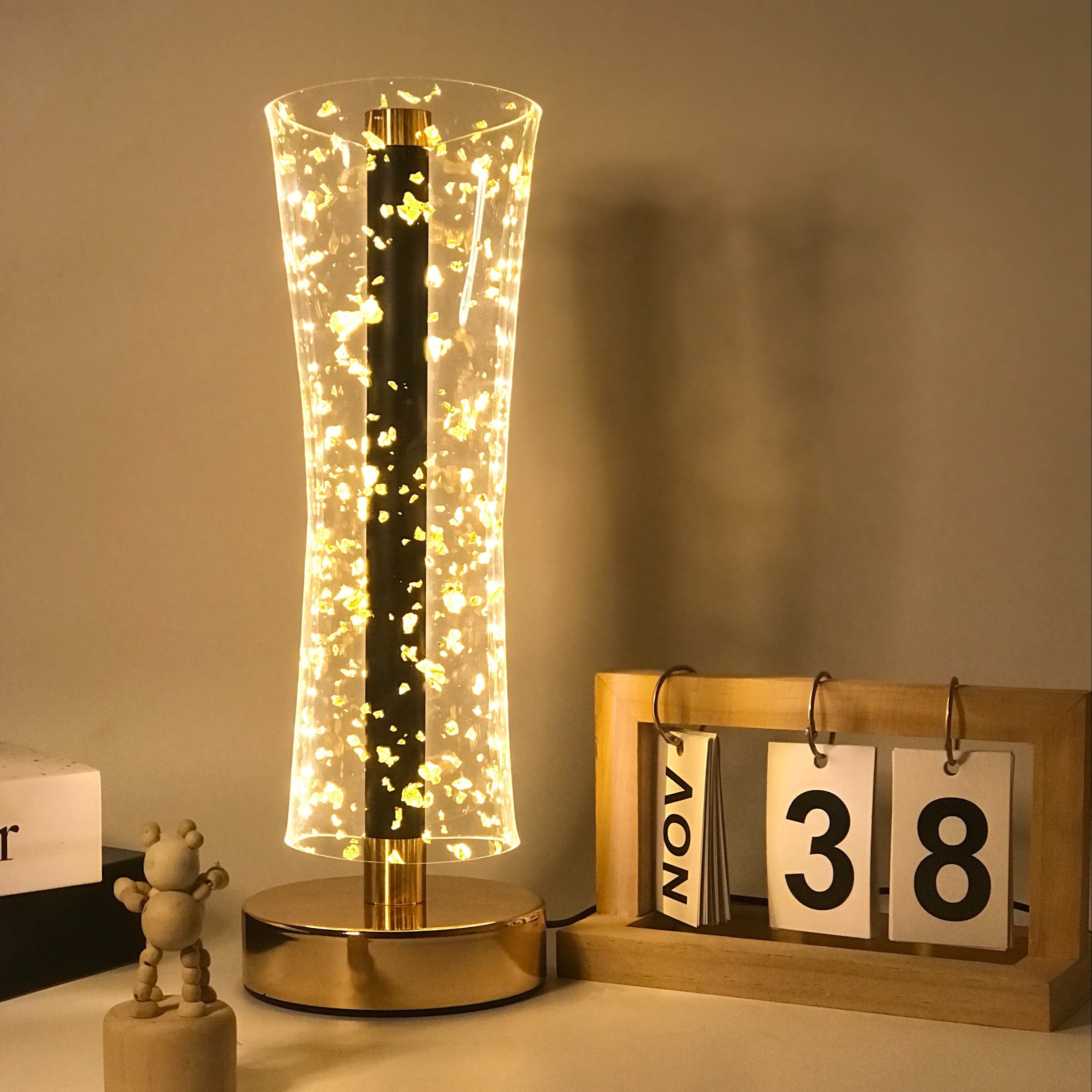 LumiAcryl - Lampada da tavolo moderna in acrilico con foglia d'oro e illuminazione dimmerabile a 3 colori, alimentata via USB