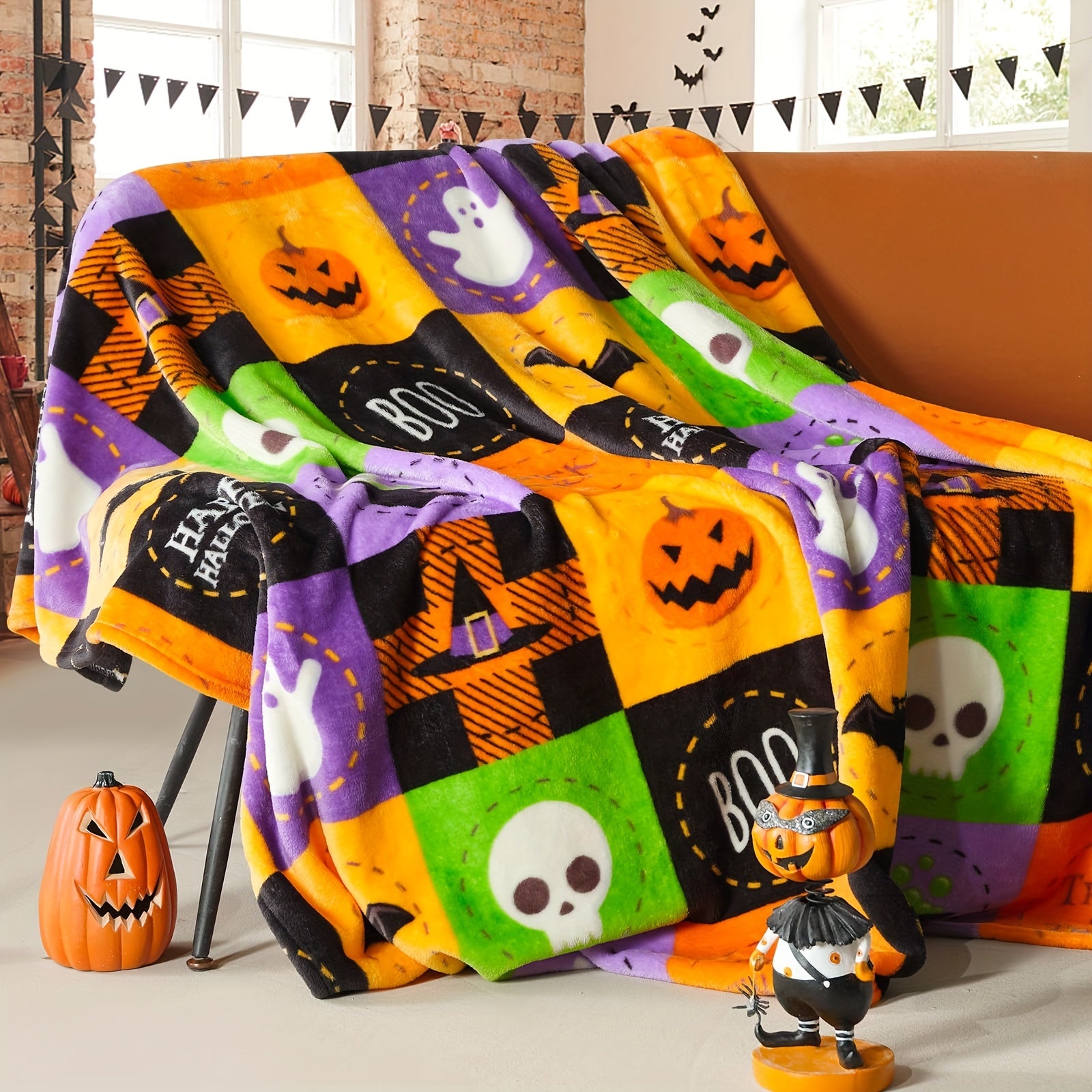 Manta de Pano de Lã às Quadrículas para o Halloween - Manta Suave e Luxuosa de Flanela para Sofá ou Cama