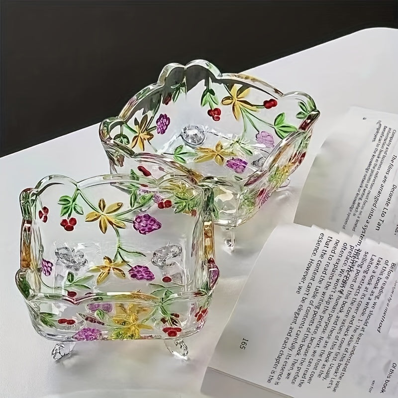 Taça de Vidro - Fruteira de Vidro Feita à Mão com Desenho de Flores
