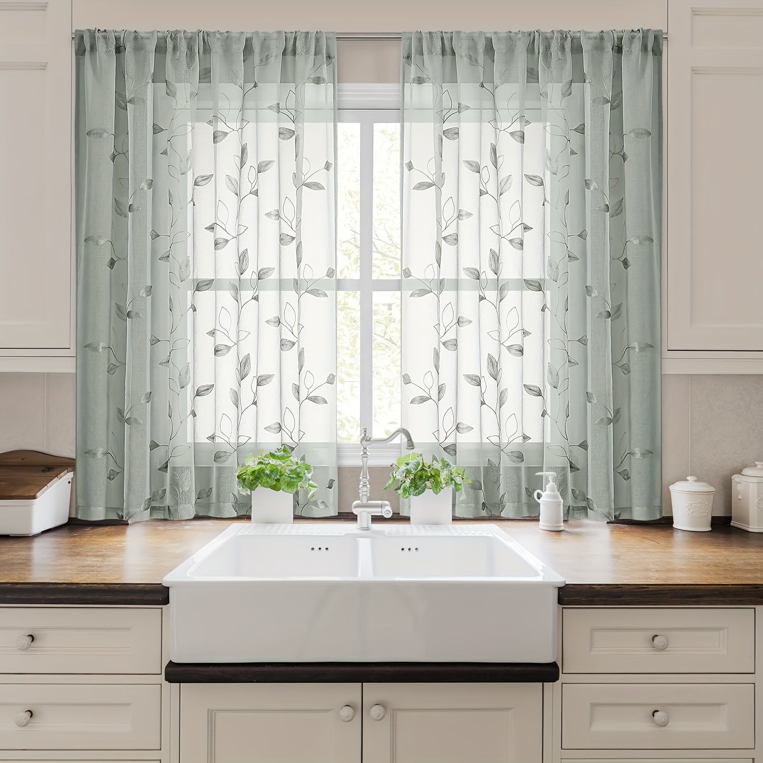 Embroidered Curtains with Leaves - 2 Pieces Semi-transparent for Bedroom and Living Room