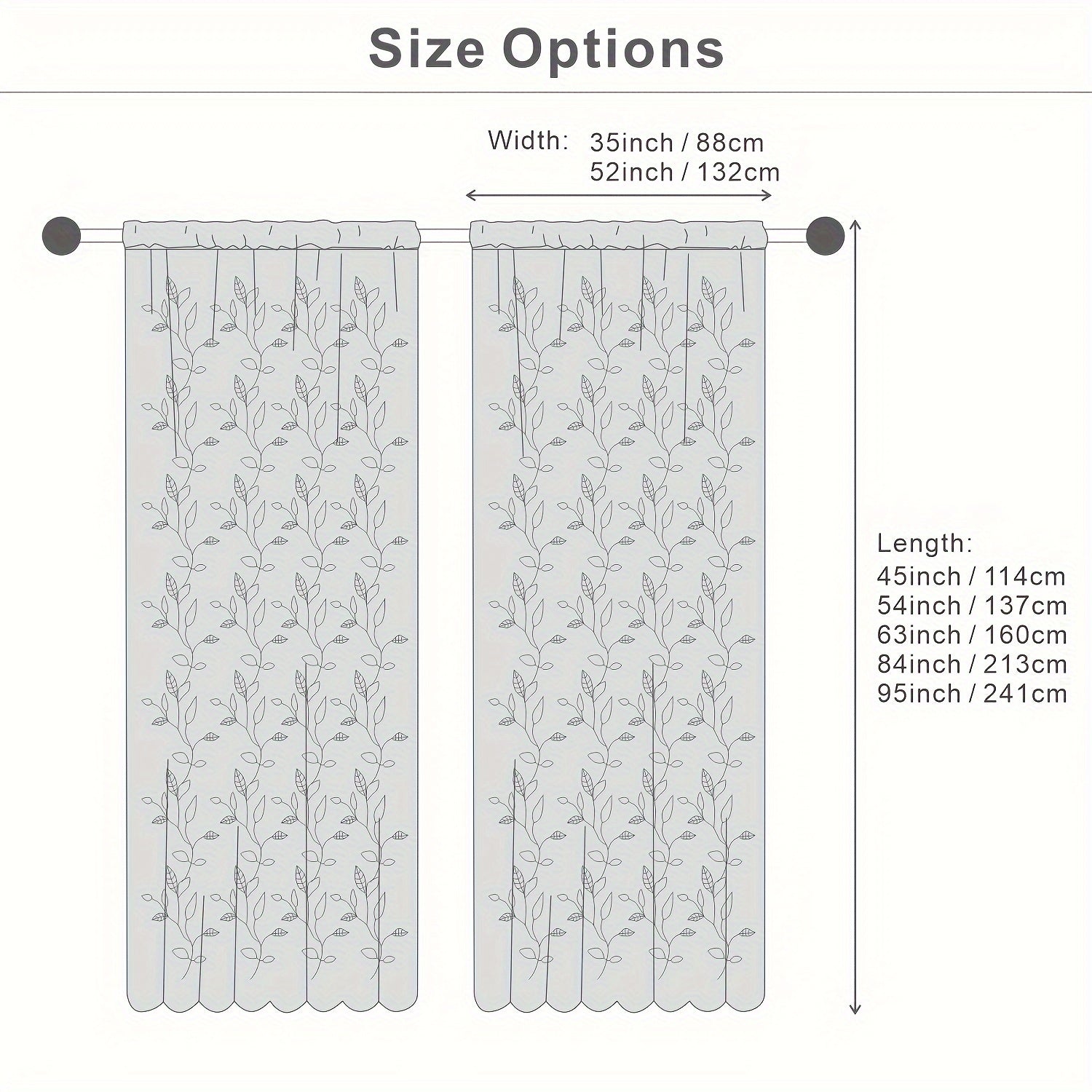 Embroidered Curtains with Leaves - 2 Pieces Semi-transparent for Bedroom and Living Room