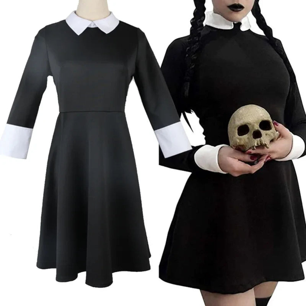 Costume Halloween Donna Vestito Gotico Colletto Bianco - Image 1
