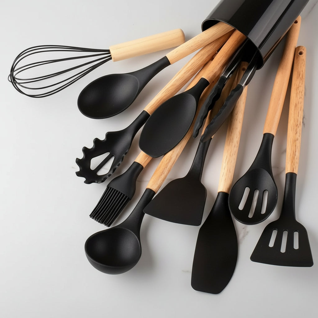 Kitchen Utensil Set Silicone Wooden Handles Heat Resistant