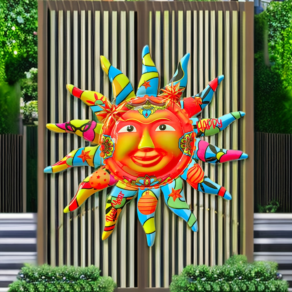 2024 Grote Feliz Ano Novo Sol Rosto Arte de Parede de Ferro - Decoração Exterior e Interior, Design Circular, Decoração de Pátio, Presente Eid Al-Adha Mubarak - Durável, Resistente ao Tempo, Fácil de Pendurar