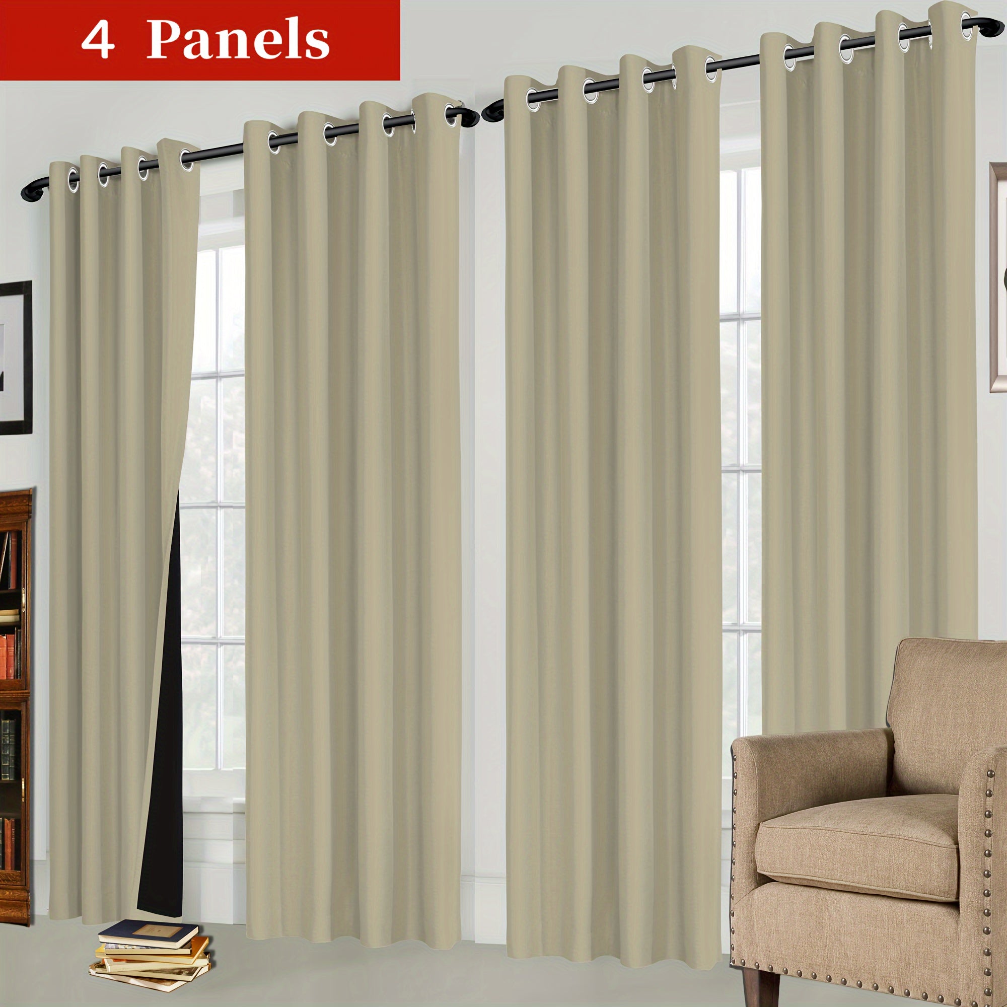 4-piece Set of Blackout Curtains with Rings - Heat Insulating, Privacy Protection