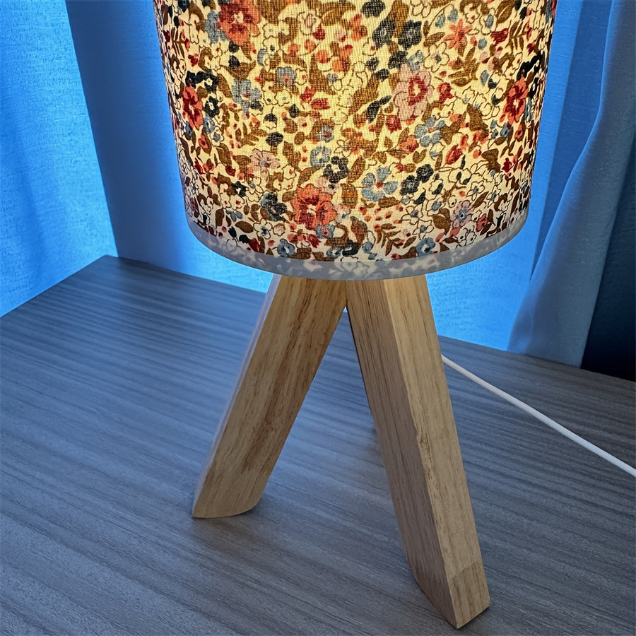 HoutLicht - Modern Wooden Table Lamp with Fabric Shade, USB Powered, Push-Button LED Night Light