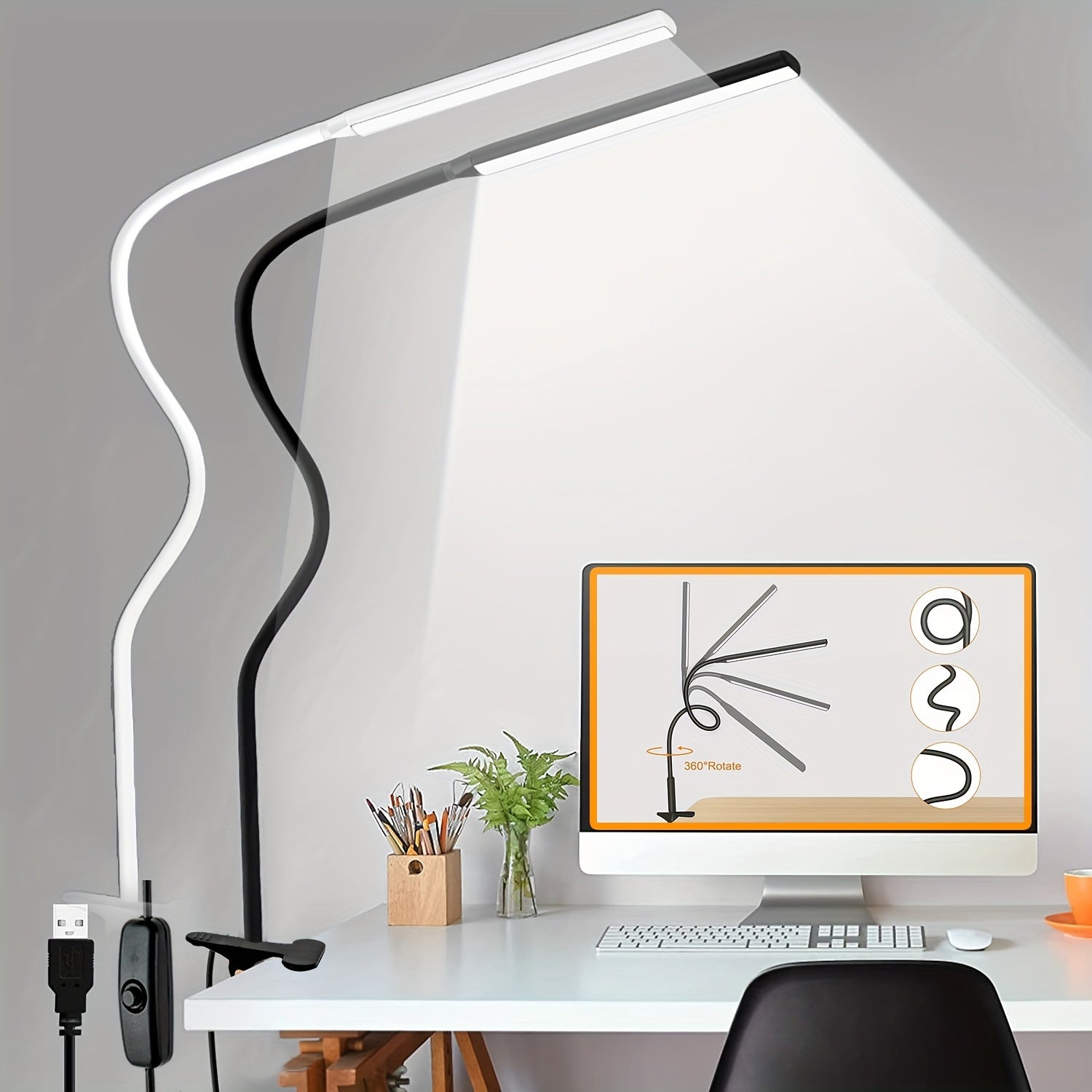 FlexiGlow - Lampada da scrivania LED con collo d'oca e morsetto